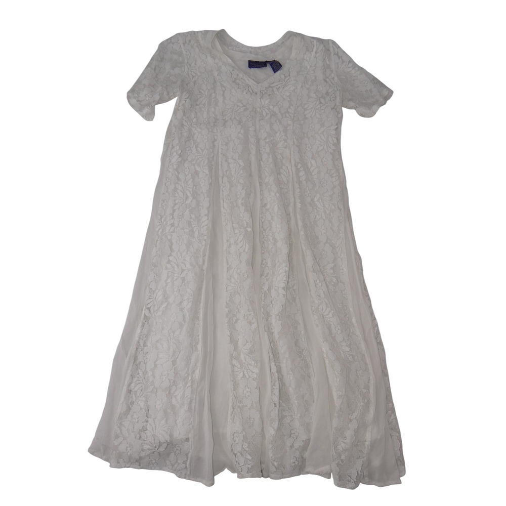 Willow Ridge Womens White Floral Lace Georgette Midi Dress V-Neck Short Sleeve